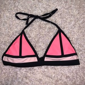 hot pink light pink and black patterned bikini top